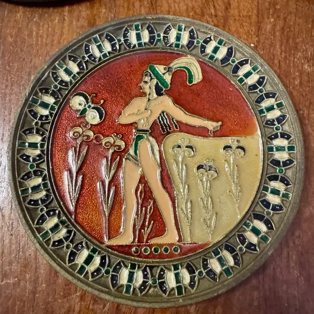Vintage Greek Enamel Solid Brass Wall Plaques Handmade Greece Set of 3